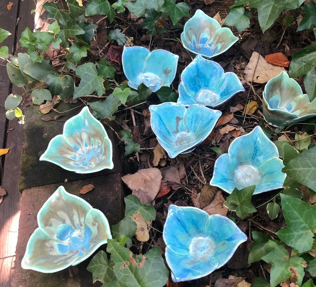 A group of blue flowers sitting on top of some leaves.
