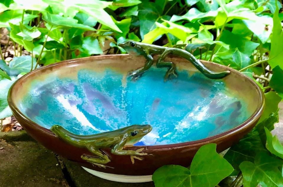 Two lizards are sitting in a bowl of water.